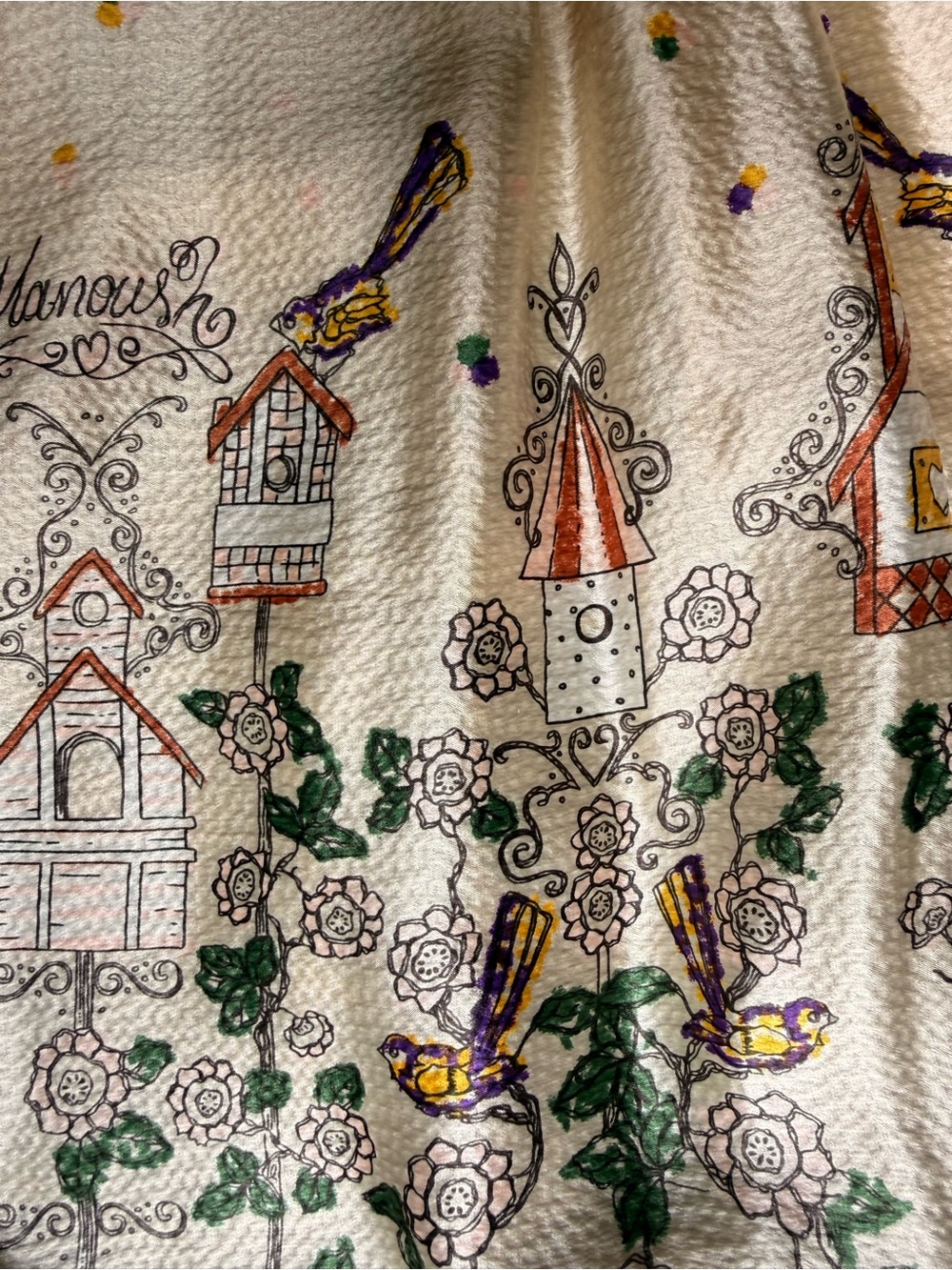 Rare Vintage MANOUSH 100% Silk Bird House Midi Skirt Cottagecore Whimsical Sz6 - Picture 8 of 12